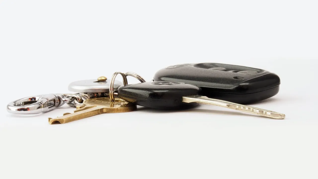 A close-up of car keys and a key fob on a white background