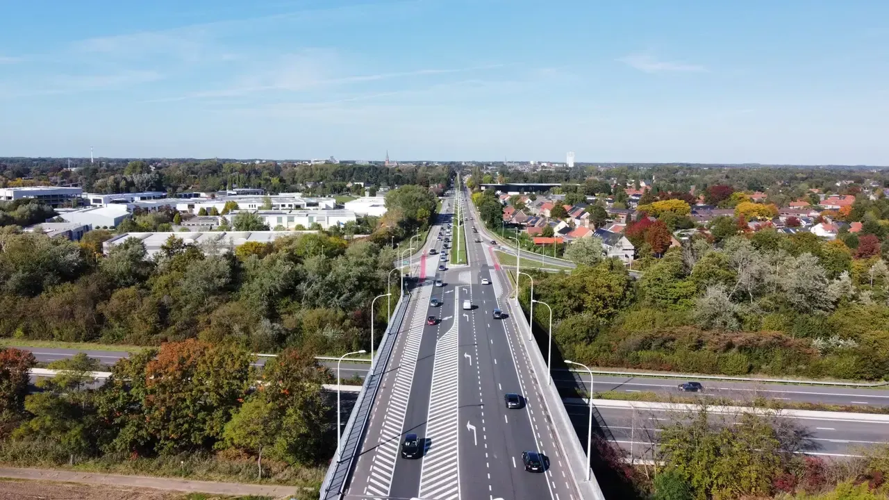Aerial view of a road crossing a viaduct near Turnhout, Belgium