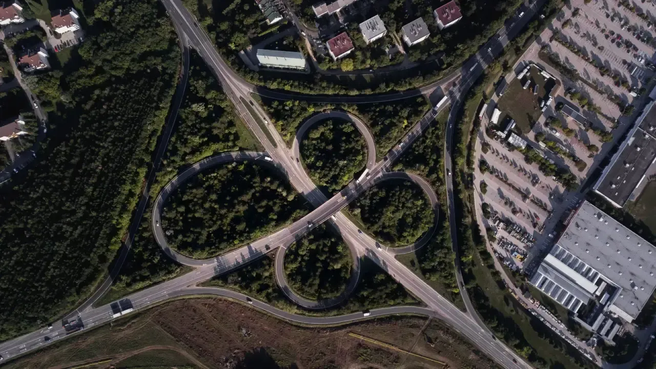 Aerial view of a cloverleaf interchange near Veszprém, Hungary