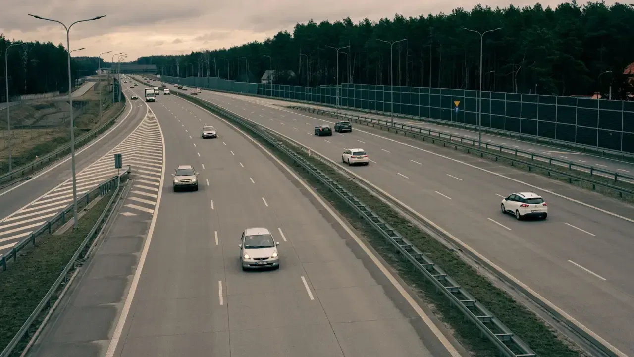 A Polish multi-lane motorway bordered by pine forest near Warsaw